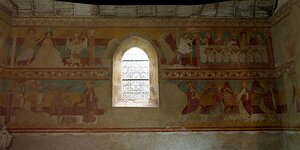 20250806_X8065494_EM1II_DxOjohn5_stitch south wall top left: baptism of Jesus; top right: marriage of Cana;bottom left: Satan tempts Jesus; bottom right: angels wait on Jesus