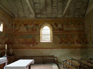 20250806_X8065497_EM1II_DxOjohn5 south wall top left: baptism of Jesus; top right: marriage of Cana;bottom left: Satan tempts Jesus; bottom right: angels wait on Jesus