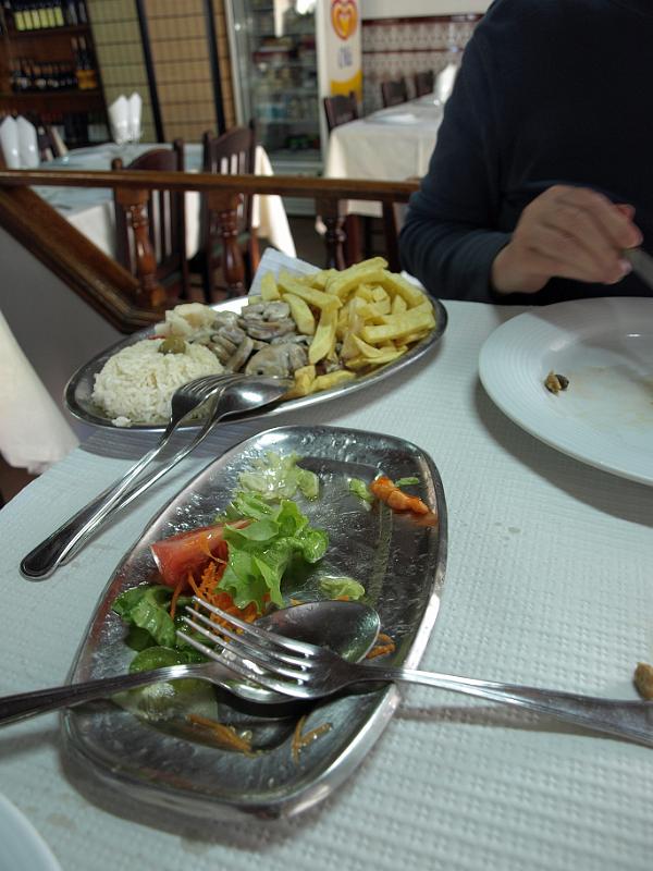 20100425_P4258089_E510.JPG - Salad remains and veal and mushroom with chips and rice