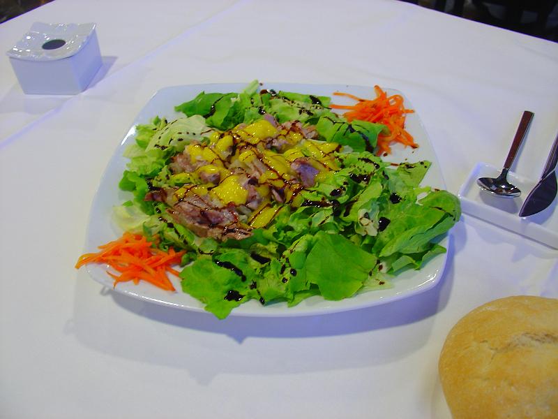 DSC00592.JPG - First of three starters: Ensalada de pato confitado, cebolla y lechuguitas de temporada con vinagreta de citricos - duck confit salad with onions and lettuce and a citru vinaigrette