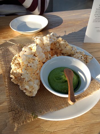 Restaurant-de-Kas_Amsterdam_20190508_IMG192922432 nibbles: Tapioca and mustard seed crisp with a celery dip