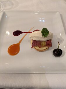 20250806_PXL191423100.MP_Pixel7a-JEB Rhubarbe rôtie sur sable d amande, crème pâtissière vanillée et nuage givre au citron vert et basilic