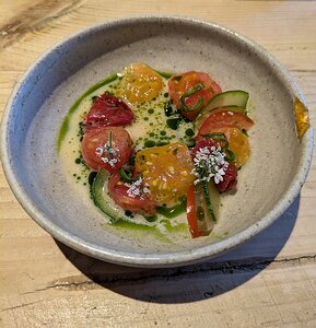 20240809_PXL174524004_Pixel7a-JEB Tomatoes (fresh, sous vide, roasted), Padron, Cucumber. sough dough starter sauce, basil oil