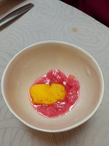 20180414_IMG144945658_MotoG4-JEB pre-dessert: Saffron ice and rhubarb