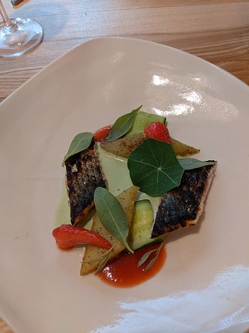 20230617_PXL112847549a_Pixel3a-JEB Black mullet cooked over the wood fire, cucumber à la grecque, cucumber, strawberries, strawberry coulis, nasturtium served with a yoghurt and mint sauce