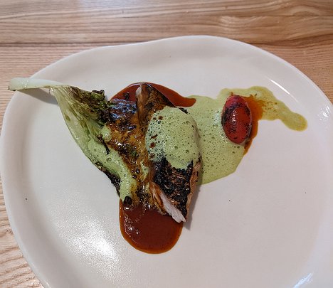 20230617_PXL121312135_Pixel3a-JEB Dorade marinaded for several days, fire-charred leaf and tomato, goats milk sauce and a brown fish sauce