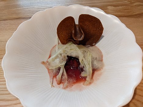20230617_PXL131825818_Pixel3a-JEB strawberries and pepper in red wine, elderflower mouse, fennel and gavotte (crepe)