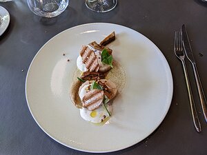 20220616_PXL105801040_Pixel3a-JEB L'omble chevalier servi froid, jus lacté au genièvre, aubergine confite et condirnent au piment de Bresse, croquant sarrasin