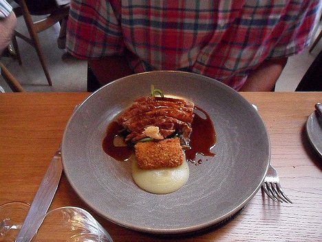 20160831_SAM_8044_ES71 main menu main: Pork loin and croquette, bacon cabbage, apple, buttered spinach