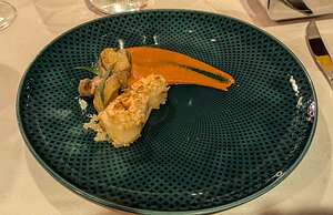 20240621_PXL185201908_Pixel7a-JEB Baccalà gratinato alle mandorle, crema di peperoni e melanzane alla menta (Au gratin cod fish with almonds, pepper cream and aubergine with mint)