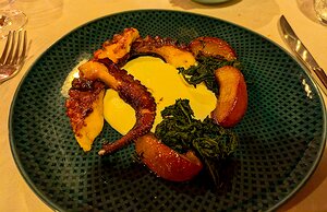 20240623_PXL184829610_DxO-DP7natural_Pixel7a-JEB Polpo arrostito, fonduta di Castelmagno, ortica saltata e pesca (Roasted octopus, Castelmagno fondue, nettle and peach) 24€