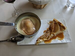 20240502_PXL_202405912_Pixel7a-JEB madeleine with crème anglaise; pear tart with caramel sauce