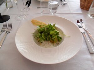20120422_SAM_0551_ES71 starter: crayfish and scrambled egg, watercress salad and parmesan chip