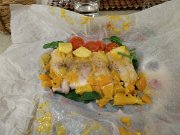 Andalusia, Granada, Sea bass with fruit wrapped, Spain : Andalusia, Granada, Sea bass with fruit wrapped, Spain